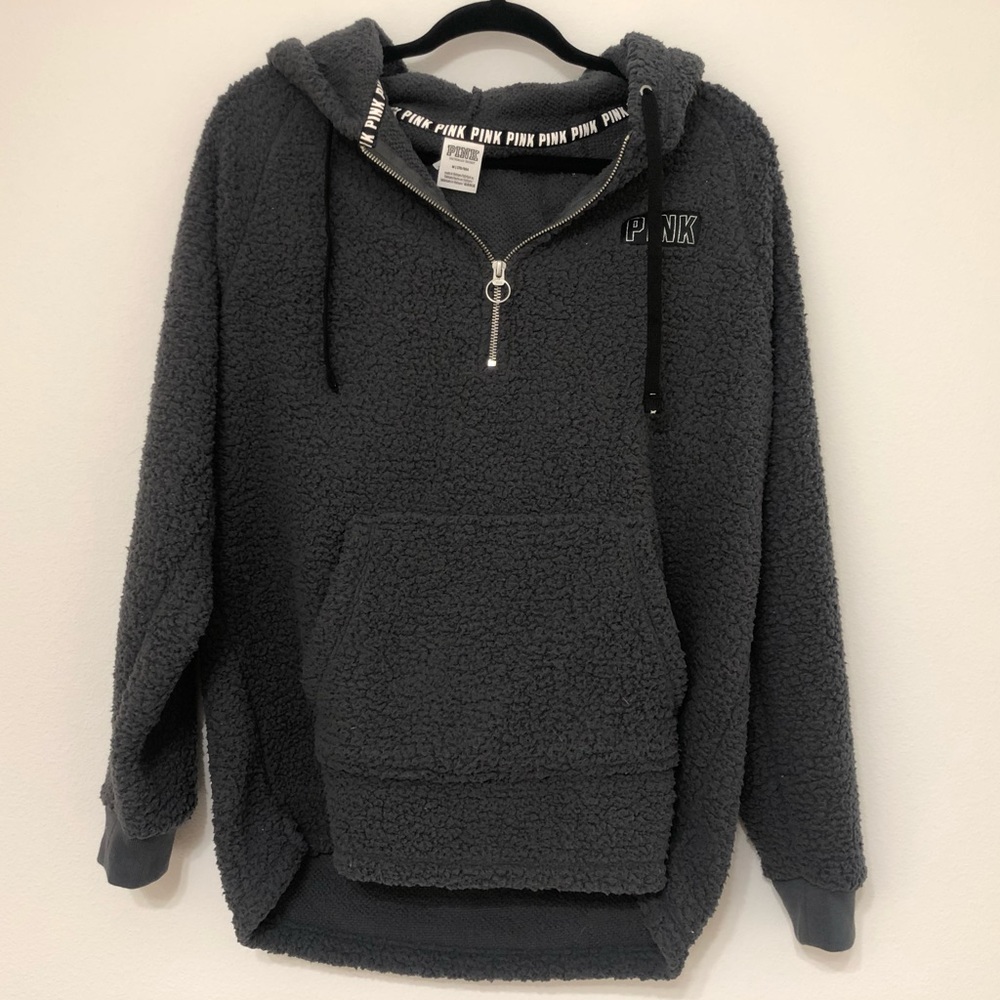 PINK Hooded Sherpa Sweater - Gray